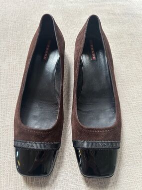 Prada Brown Suede Flats with Black Patent Toe
